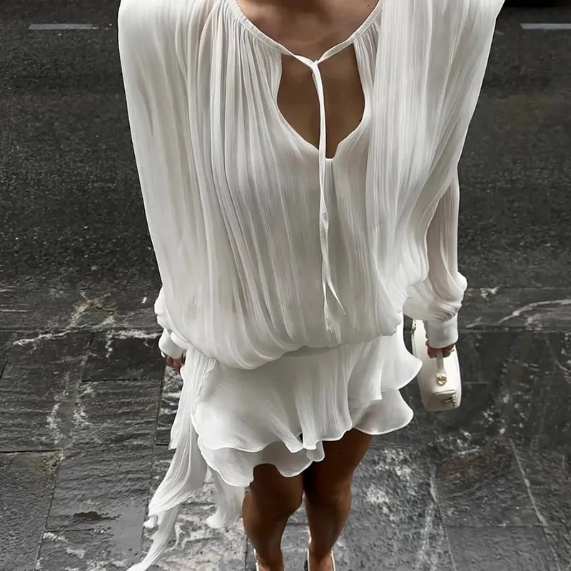 Ticketsx Sommer Glänzende Schulter Dünne Plissee Mini Kleid Elegante Solide Rüschen Langarm Vestidos Dame Party Abendkleid