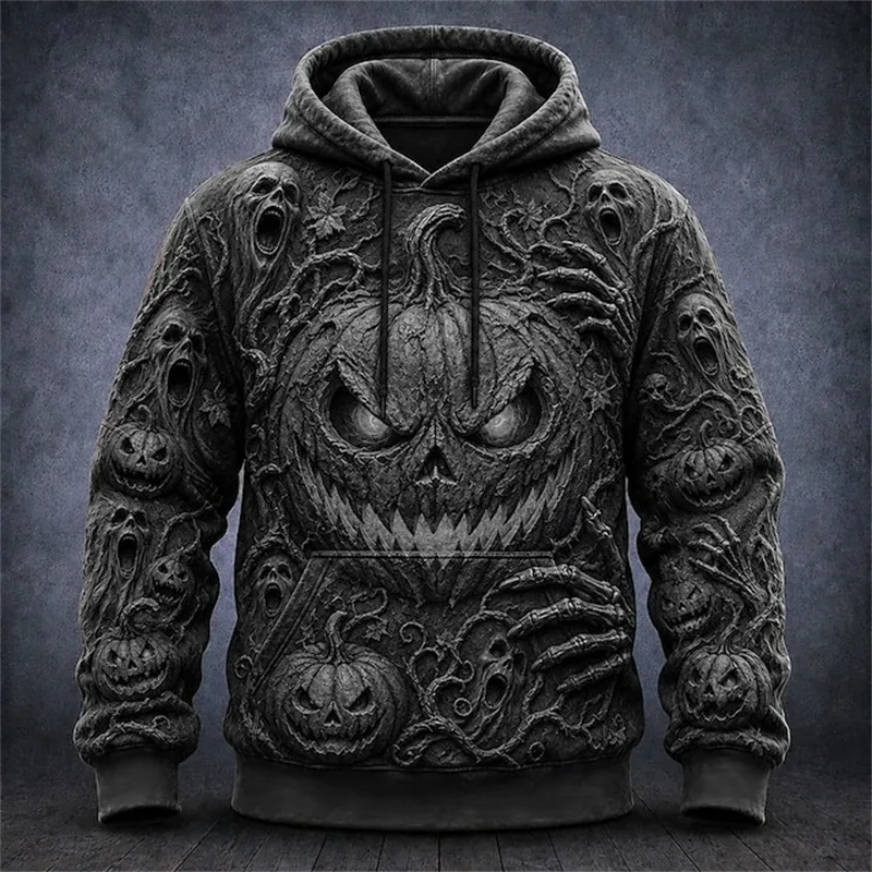 Men's Autumn Winter Halloween Hoodie Casual Pullover with Spooky Skull Print Loose Fit Festive Street-Style Top for Parties — image 12