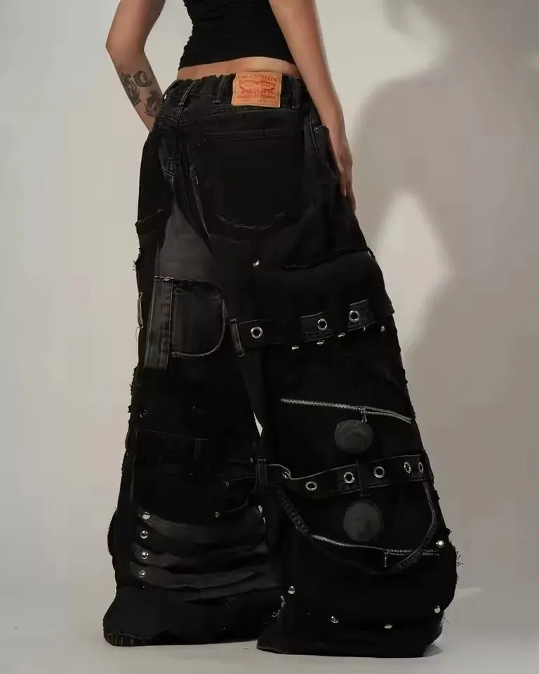 Black Baggy Cargo Jeans Men Women Heavy Multi Pocket Zipper Detail Streetwear Casual Fashion Pants Wide Leg Loose Fit Soft Y2K — image 7
