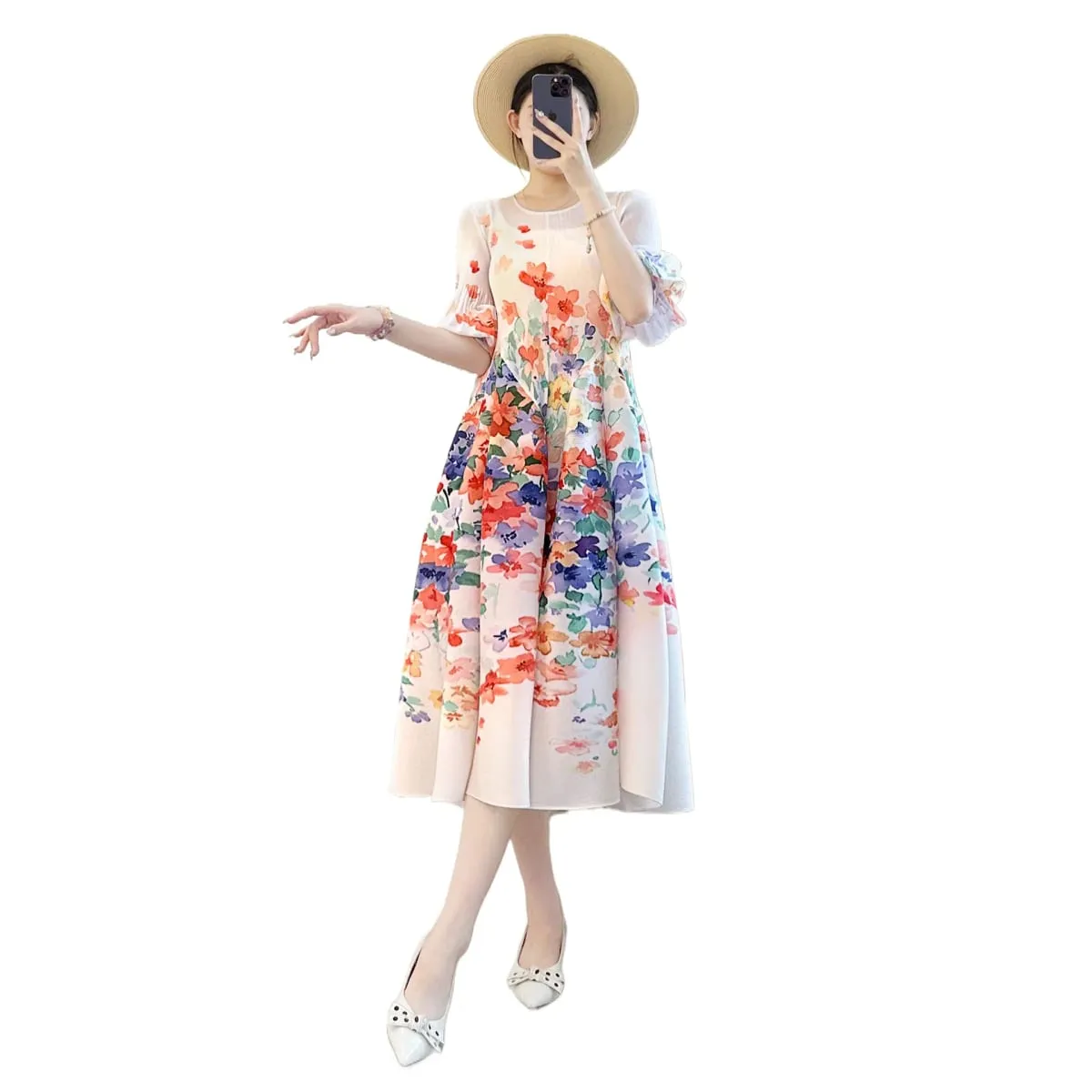 Miyake – robe plissée à imprimé Floral pour femmes, élégante, Chic, col rond, manches lanternes, élastique, ample, décontractée, nouvelle collection — image 6