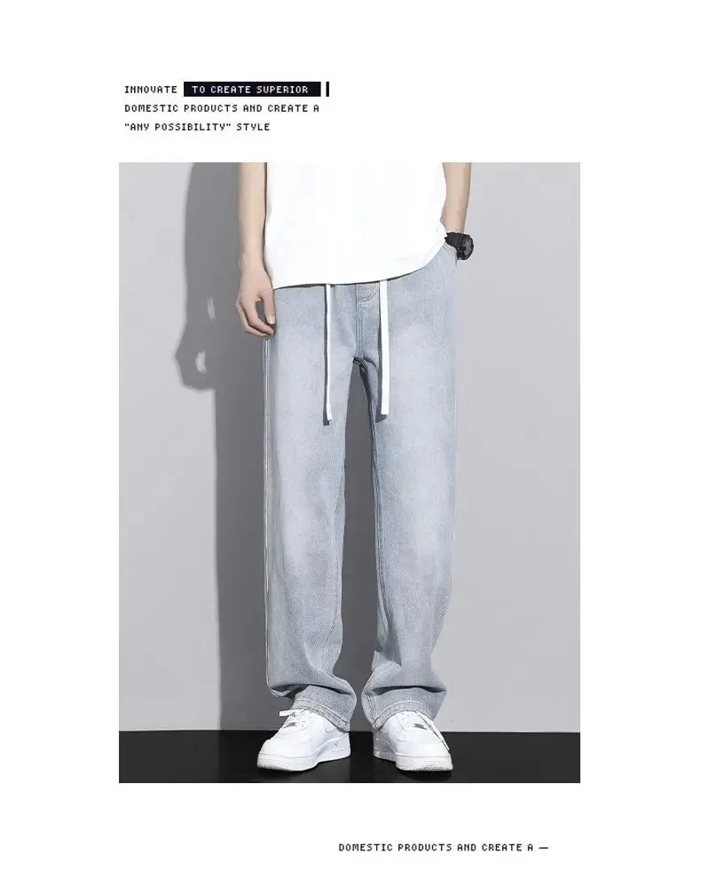 Men's Straight Leg Jeans American High Street High-quality Drawstring Design Daily Casual Loose Pants Washed Polished White — image 7
