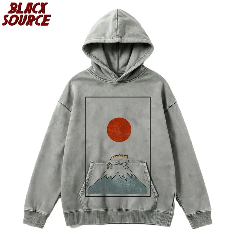 T126 Funny Cat Graphic Hoodie, Japanese Cat Printed Pullover Sweatshirt, Men's Women's Harajuku Casual Streetwear