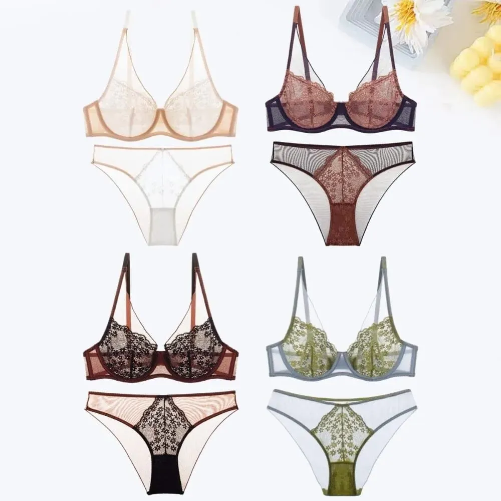 French Vintage Mesh Lace Flower Bra Set Brassiere Lingerie Mesh Bra Panties Kit Thin Seamless Push Up Bra Women Home — image 4