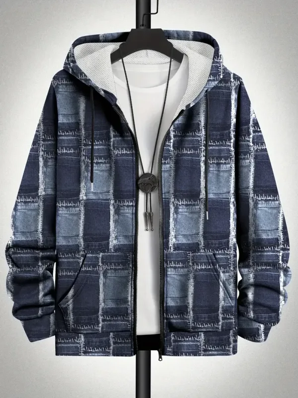 레트로 격자 무늬 인쇄 패치 워크 지퍼 업 까마귀 남성 의류 핫 스타일 긴 소매 풀오버 트렌드 streetwear 남자 지퍼 업 후드