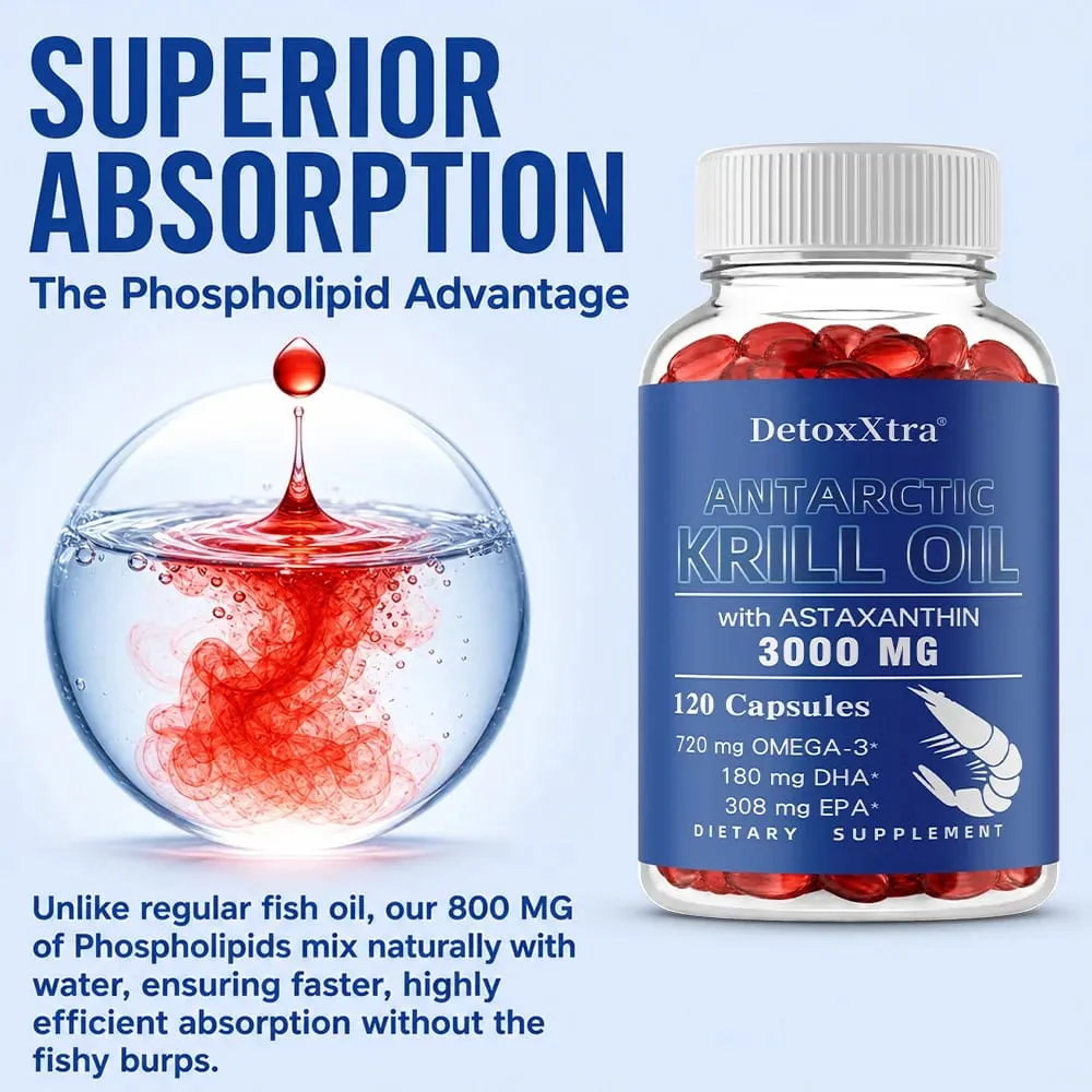 Antarktik Krill Yağı 3000mg Kapsül Omega-3 EPA DHA Astaksantin ve Fosfolipitler Antioksidan Kalp Beyin Eklem ve Göz Desteği