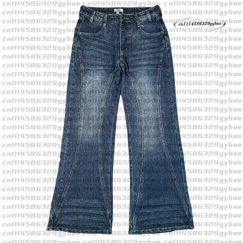 2026 Y2K Retro Blue Flare Jeans Unisex Washed Denim Pants Embroidered Back Pocket Streetwear Wide Leg Bootcut Jeans — image 2