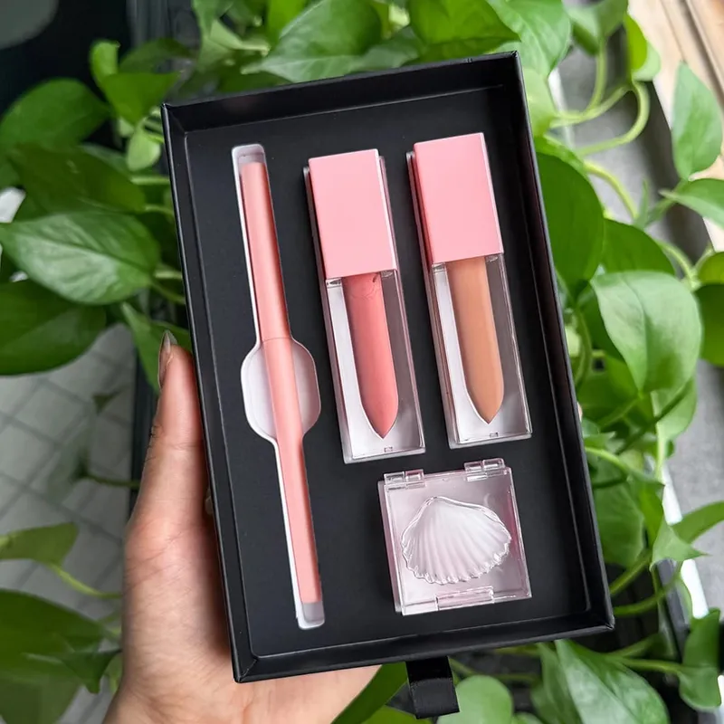 4 ชิ้น/ชุดมังสวิรัติแต่งหน้า Lip GLOSS Matte ลิปสติก Lip Liner Lip Mask ชุดฉลากส่วนตัวโลโก้ที่กำหนดเองขายส่ง