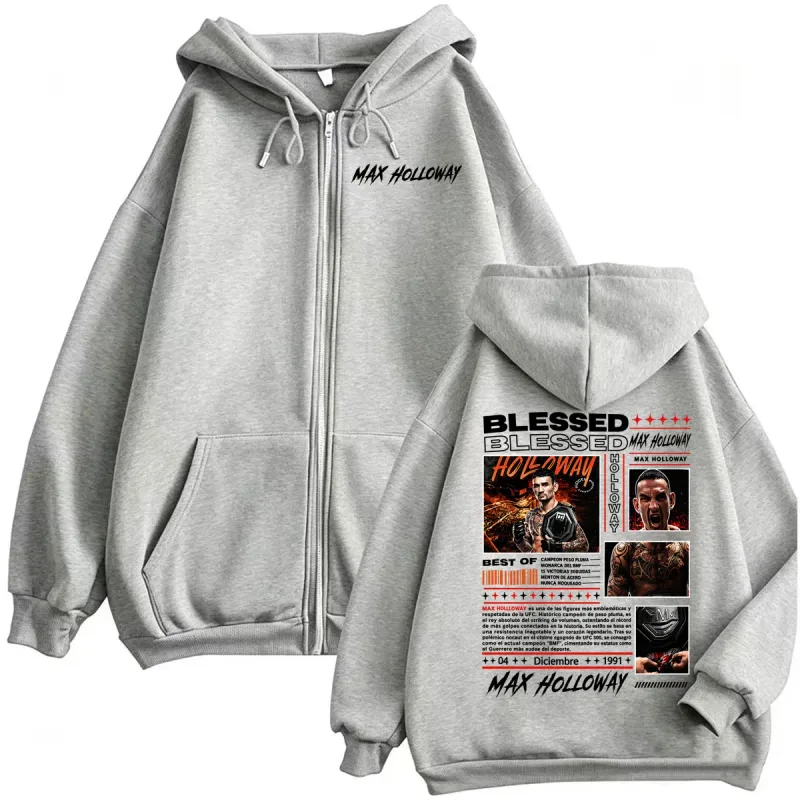 Max Holloway Blessed Retro Zip Up Hoodies Men's Harajuku Streetwear Sweatshirt Jacket Coats Bodywarmer Cozy Fleece Zipper Hoodie — image 7