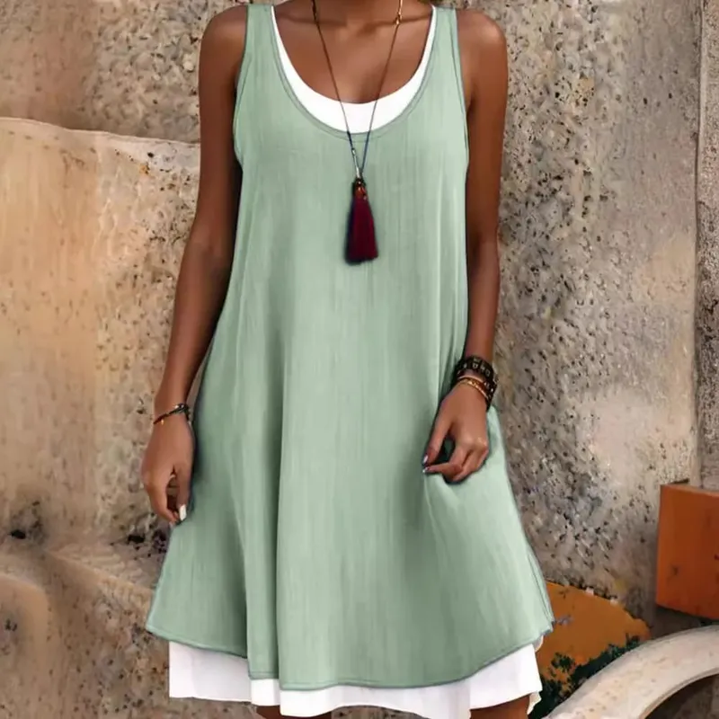 Summmer Women's Solid Dress Casual Sleeveless Fake Two Piece Loose Dresses Female O Neck Office Holiday Beach Party Dress New — image 8