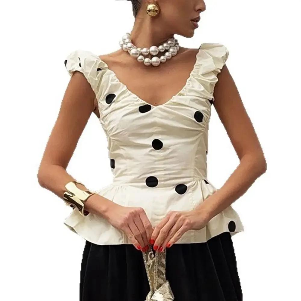 Slim Deep V Neck Polka Dot Tank Top Off-shoulder Ruffled Sleeveless Silk Vest Backless Lace Camis Female