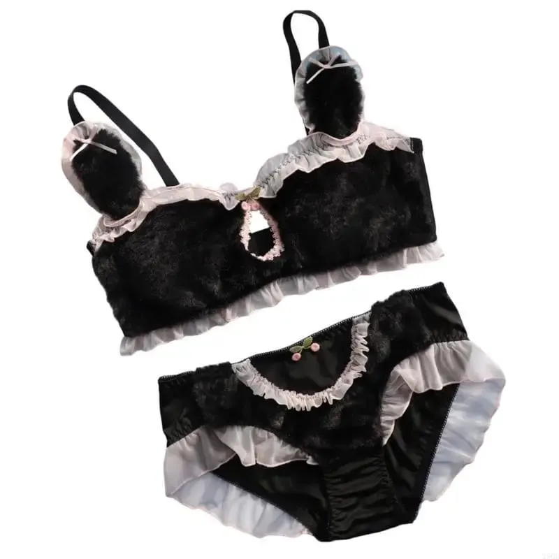Women Cartoon Rabbit Ears Lingerie Furry Plush Cutout Bra and Panty Underwear Set