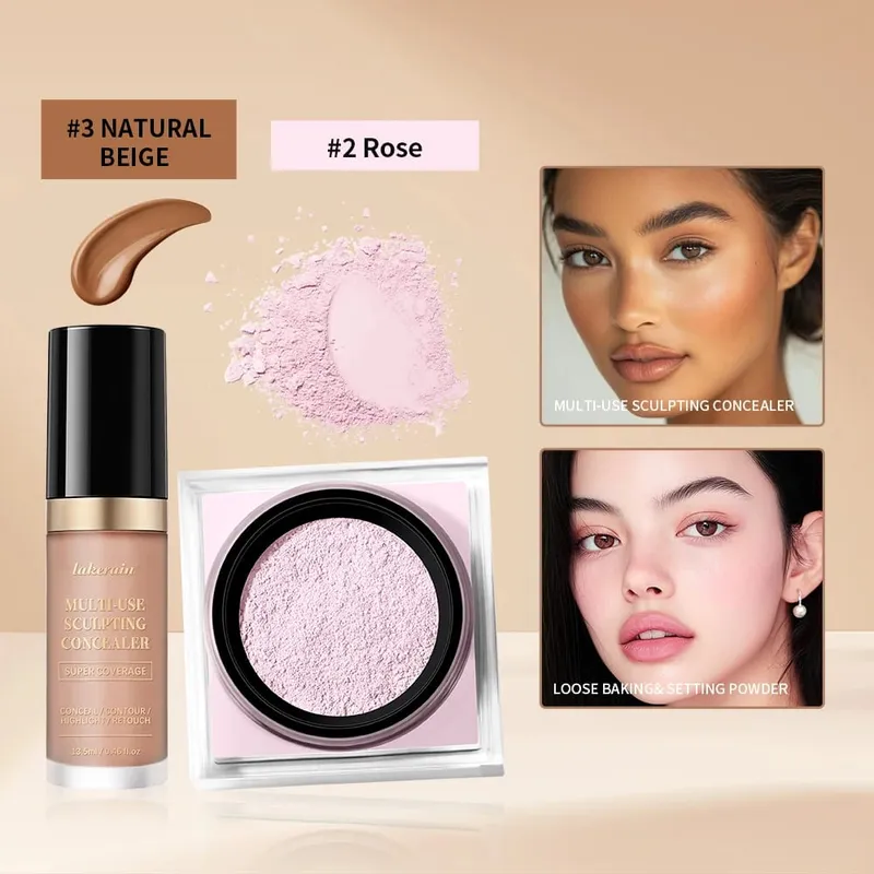 2ks sada na make-up na obličej s korektorem a sypkým pudrem na obličej s hladkým matným povrchem pro ženy, korejský make-up — image 14
