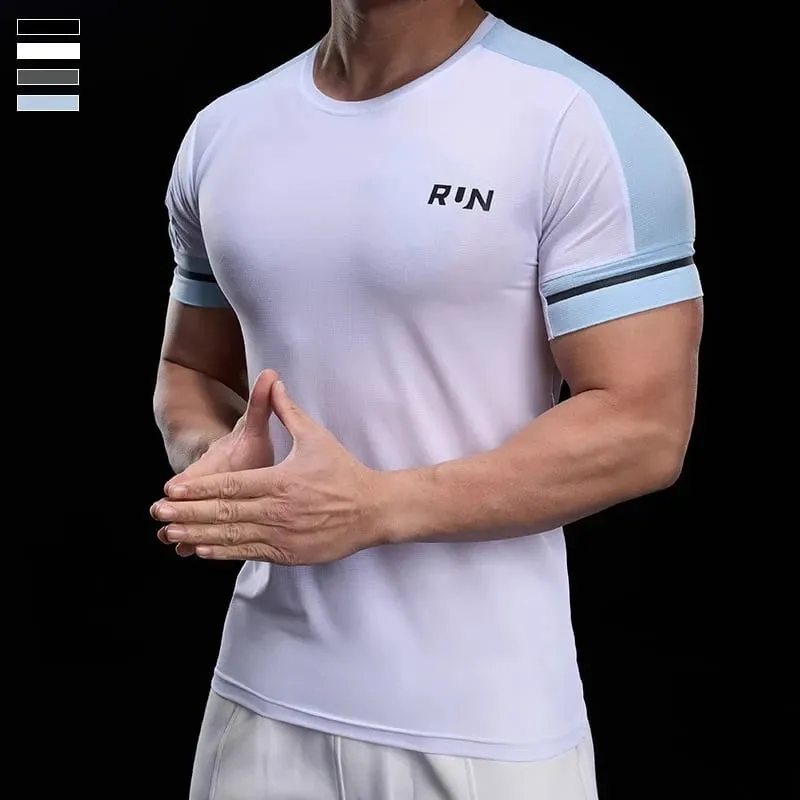 2025 Spring Summer Men's Running Training Sports Gym Fitness Top Quick Dry Breathable High Elastic Short Sleeve T-shirt Men