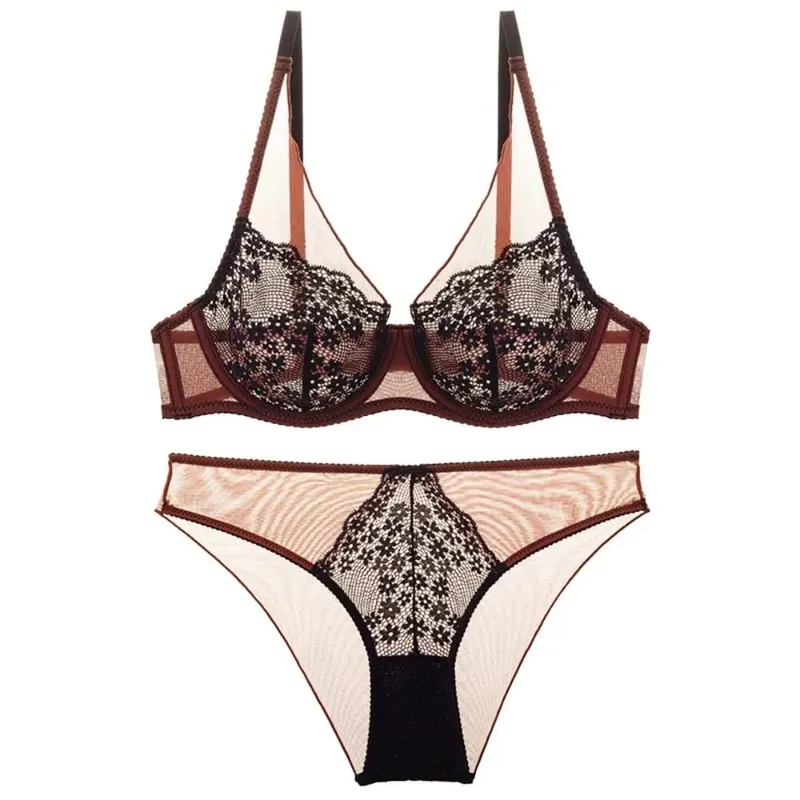 French Vintage Mesh Lace Flower Bra Set Brassiere Underwear Push Up Bra Women Lingerie Thin Mesh Bra Panties Kit Lady