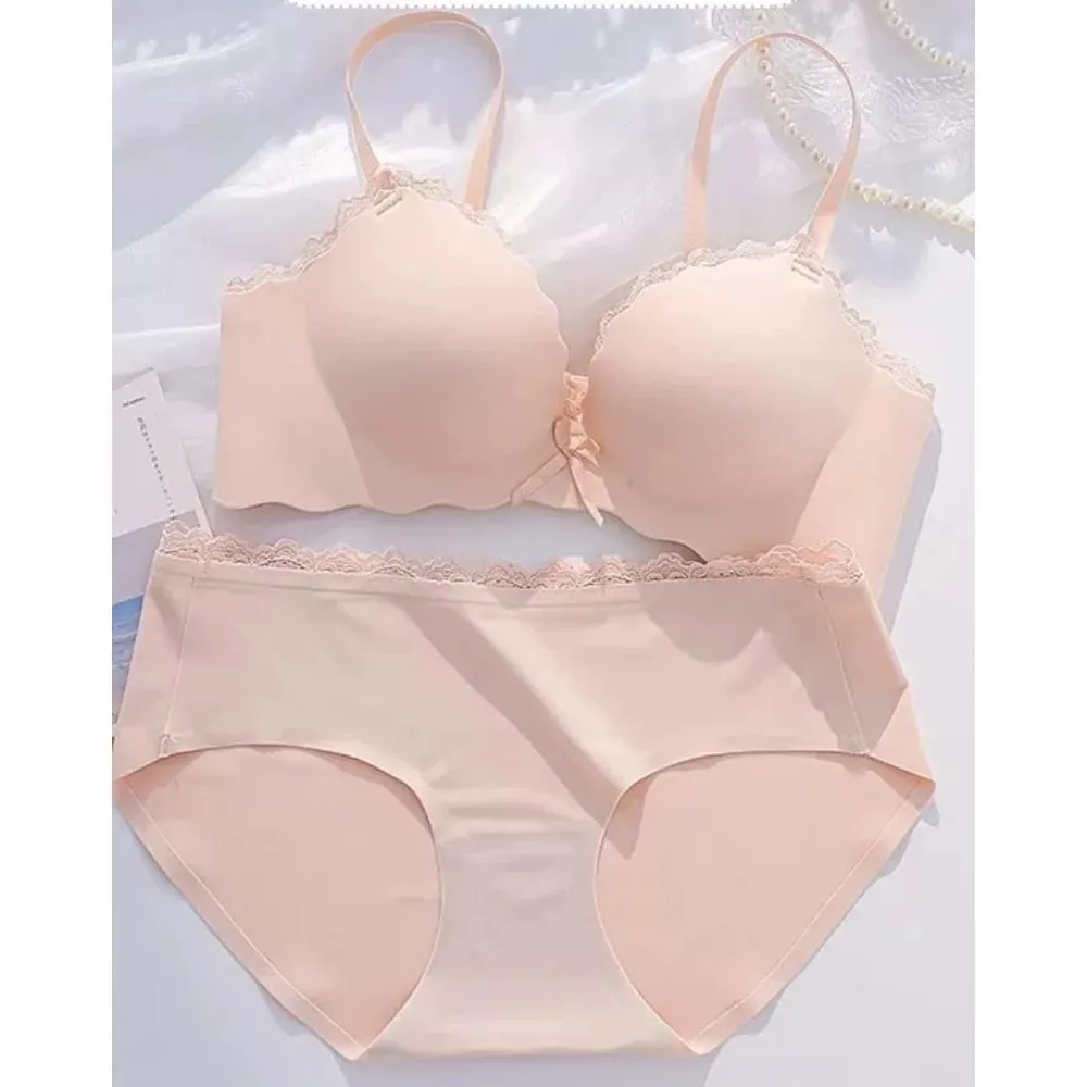 AA Cup Padded Push‑up Bra Panty Set Wireless Seamless One‑piece Lingerie Suit for Small Flat Chest Soft Daily Casual Underwear