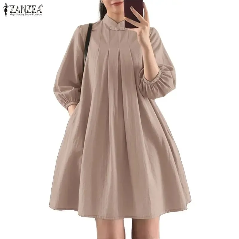 Letní dámské elegantní plisované šaty s límečkem s 3/4 nabíraným rukávem zmačkané šaty ke kolenům ležérní róby Femme — image 8