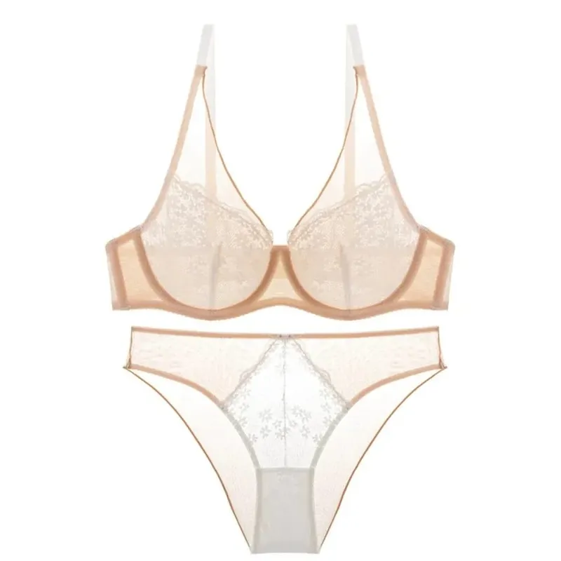 Mesh Lace Flower Bra Set Lingerie Brassiere Push Up Bra Women Thin Underwear Lace Floral Underpants Romantic Evenings — image 2