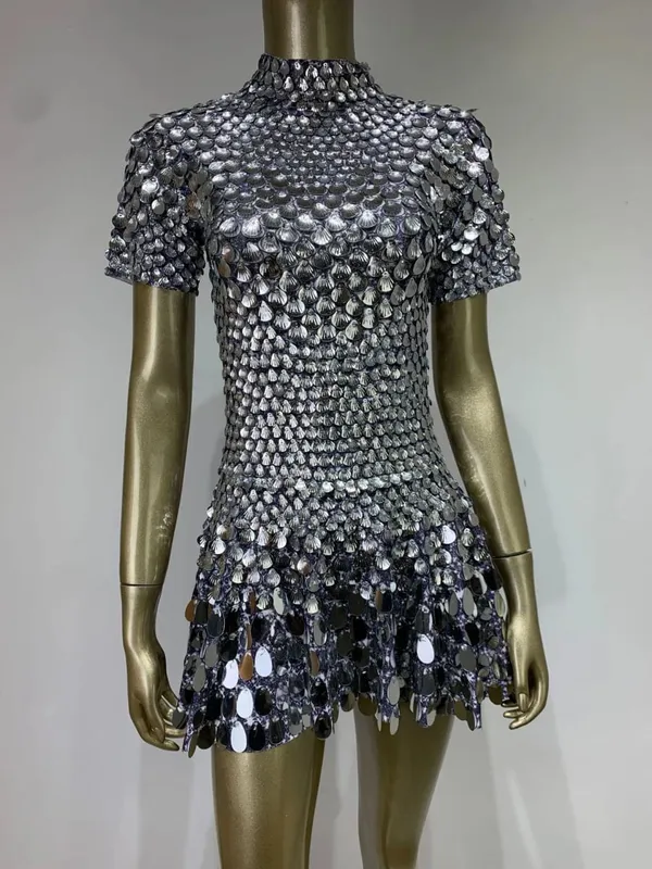 Estate donna moda mezzo collo alto manica corta sirena lucida paillettes mini abito club abito discoteca costume da spettacolo teatrale — image 8