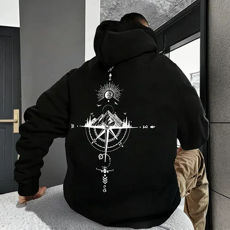 Vintage Compass Print Hoodies for Men High Quality Hooded Long Sleeve Pullover All Season Daily Casual Sports Tops Men's Clothes — image 4