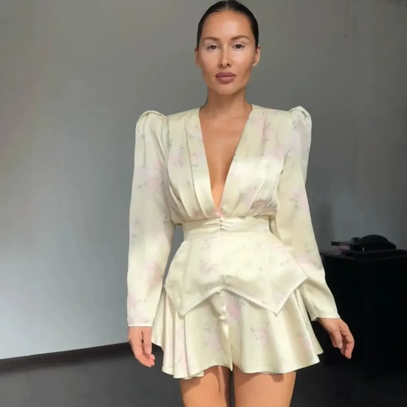 Elegant พิมพ์ชุดสตรี Organza ลึก V คอครึ่งแขนเอว Cinched จีบชุด 2026 ฤดูร้อน Lady Holiday Party Robe — image 6