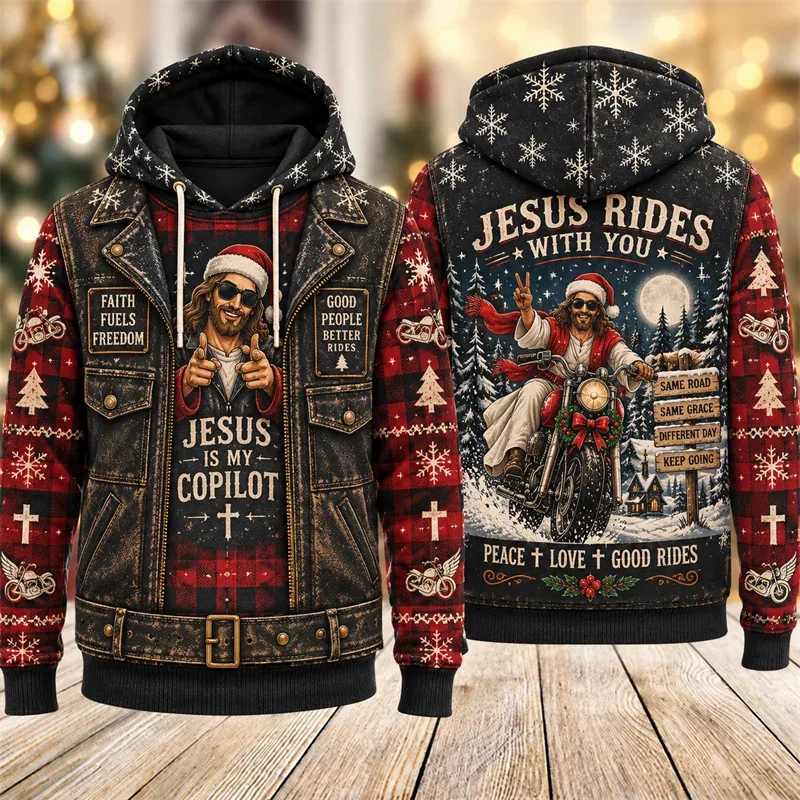 Funny Jesus Christmas Biker Hoodie 3D Graphic Motorcycle Rider Vintage Holiday Pullover Winter Streetwear Party Casual Gift — image 4