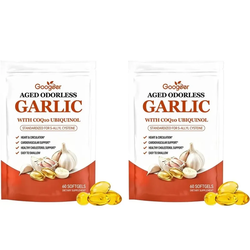 Cápsulas gelatinosas de alho inodoras envelhecidas Googeer com CoQ10 Ubiquinol Vitamina K2 (MK-7) para circulação e suporte ao colesterol 60 cápsulas gelatinosas — image 8