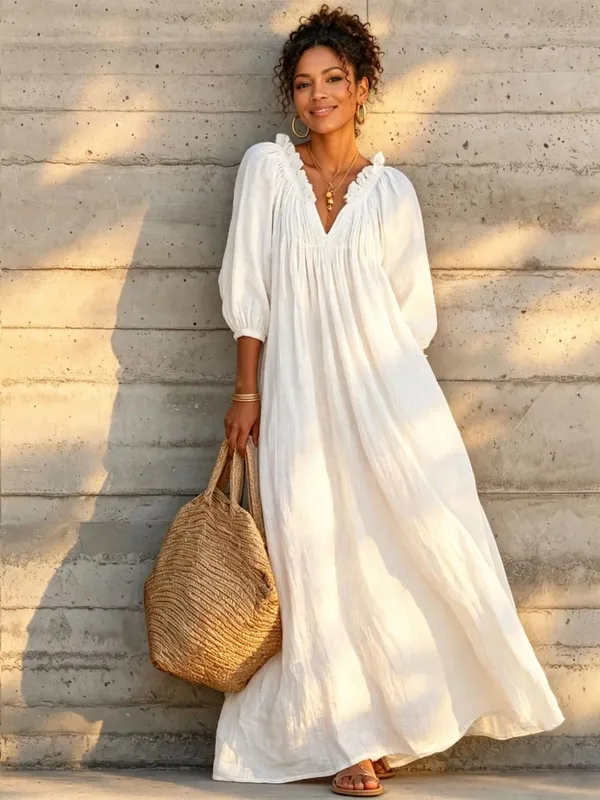 Women Boho Dresses V Neck Lantern Sleeve Maxi Dress Vacation Loose Beach Cover Up Dress Spring Summer Overall Jumpsuit Playsuit — image 9