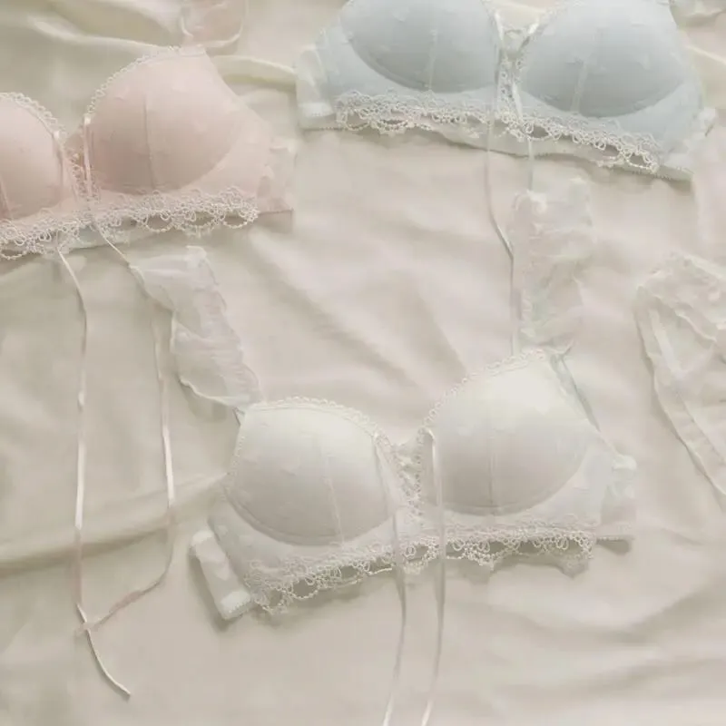 Set Bralette Tanpa Wayar Manis Bercetak Jantung Kawaii Jepun untuk Payudara Kecil Set Bra Setiap Hari Anti-Kendur yang Selesa