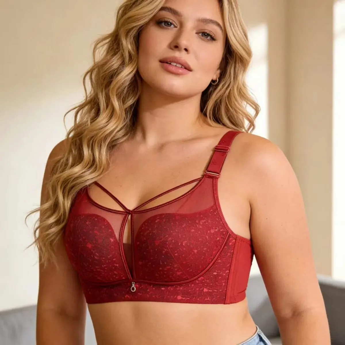 Leopard Print Plus Size Minimizer Bra Wireless Adjustable Gathered Anti-Sagging Supportive Brassiere for Large Bust Women
