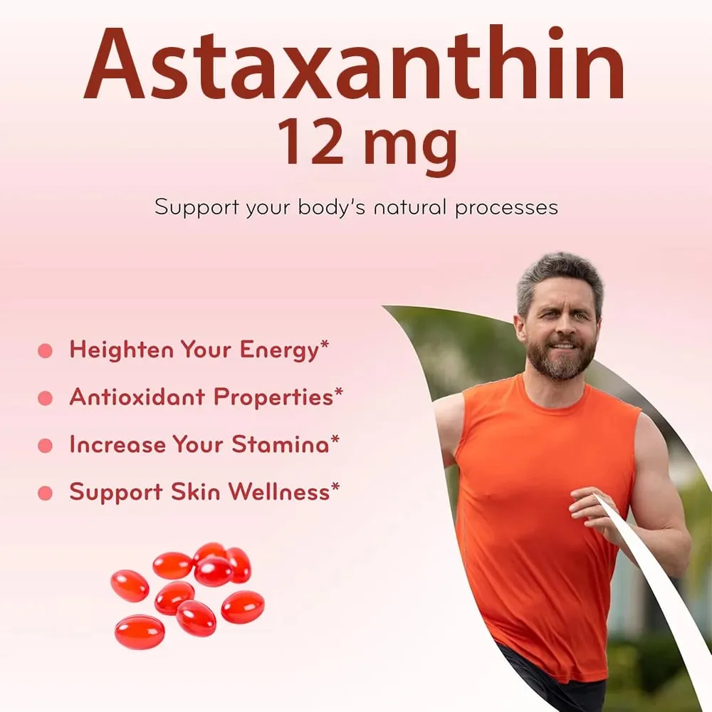 Astaxanthinové tobolky 12 mg podporuje kardiovaskulární zdraví a urychluje metabolismus podporu zdraví očí, kloubů a pokožky