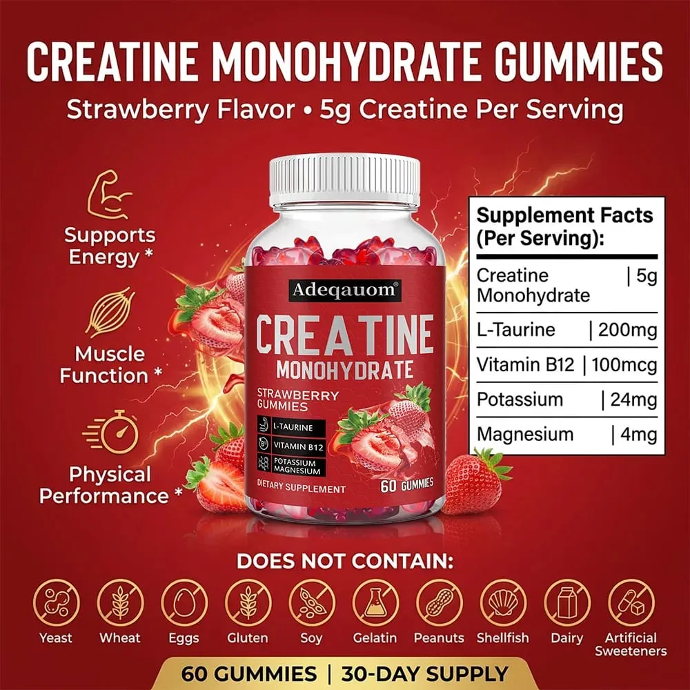 Creatine Monohydrate Gummies 5000mg før og efter træningsstøtte til muskelstyrke og restitution Byg muskelmasse Vegansk — image 3