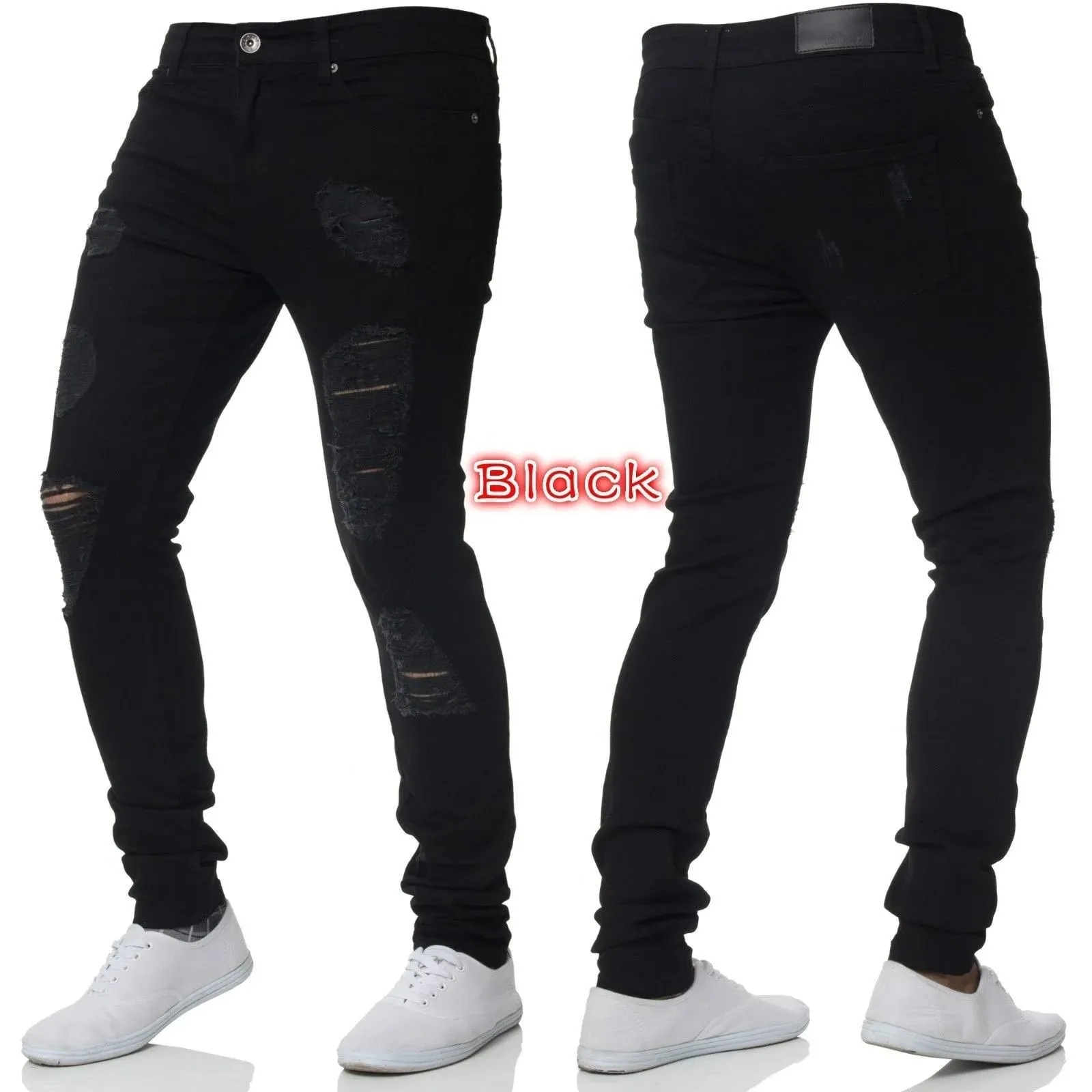 Men High Waist Black Ripped Skinny Jeans Fashion Hole Design Trendy Casual Denim Long Trousers