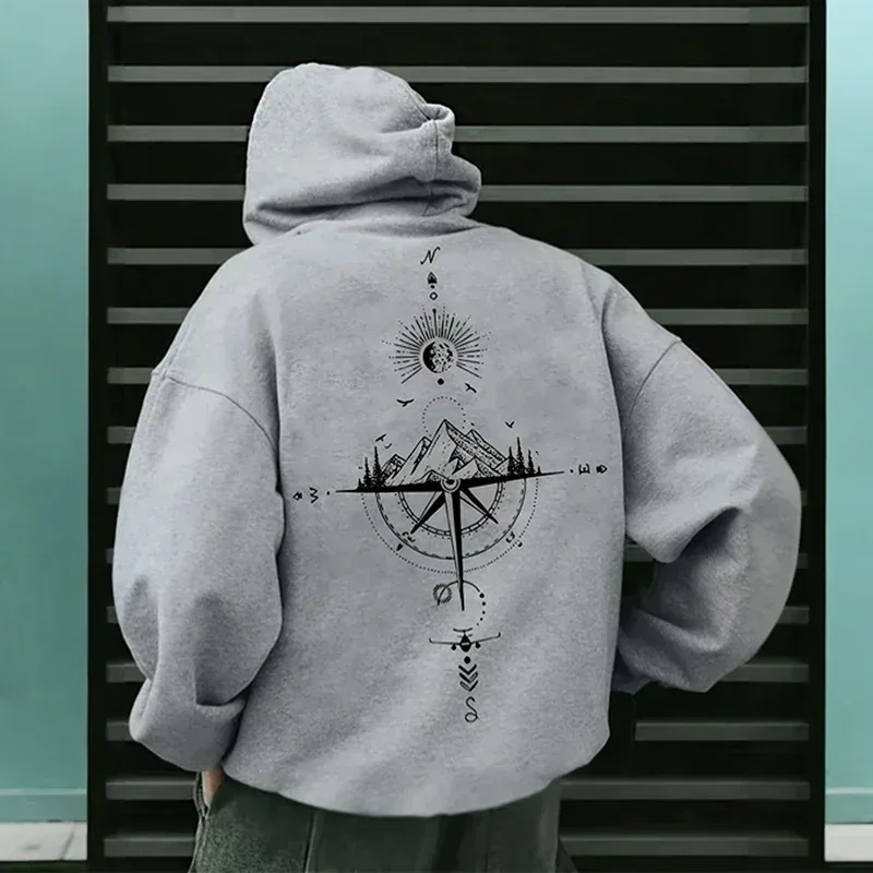 Vintage Compass Print Hoodies for Men High Quality Hooded Long Sleeve Pullover All Season Daily Casual Sports Tops Men's Clothes — image 10
