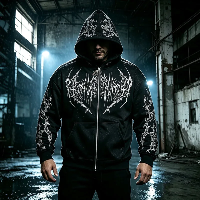 Men Alt Gothic Zip Up Hoodie Y2k High Street American Style Dark Thorn Print Fleece Lined Loose Biker Fall Winter Sweatshirt — image 6
