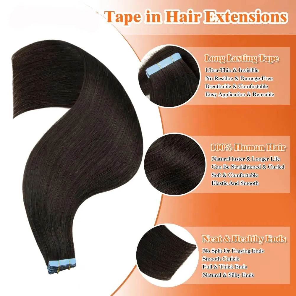 Tape in Hair Extensions Human Hair 20pcs 50g Remy Hair Extensions Straight Tape Extensions Human Hair Natural Black — image 3