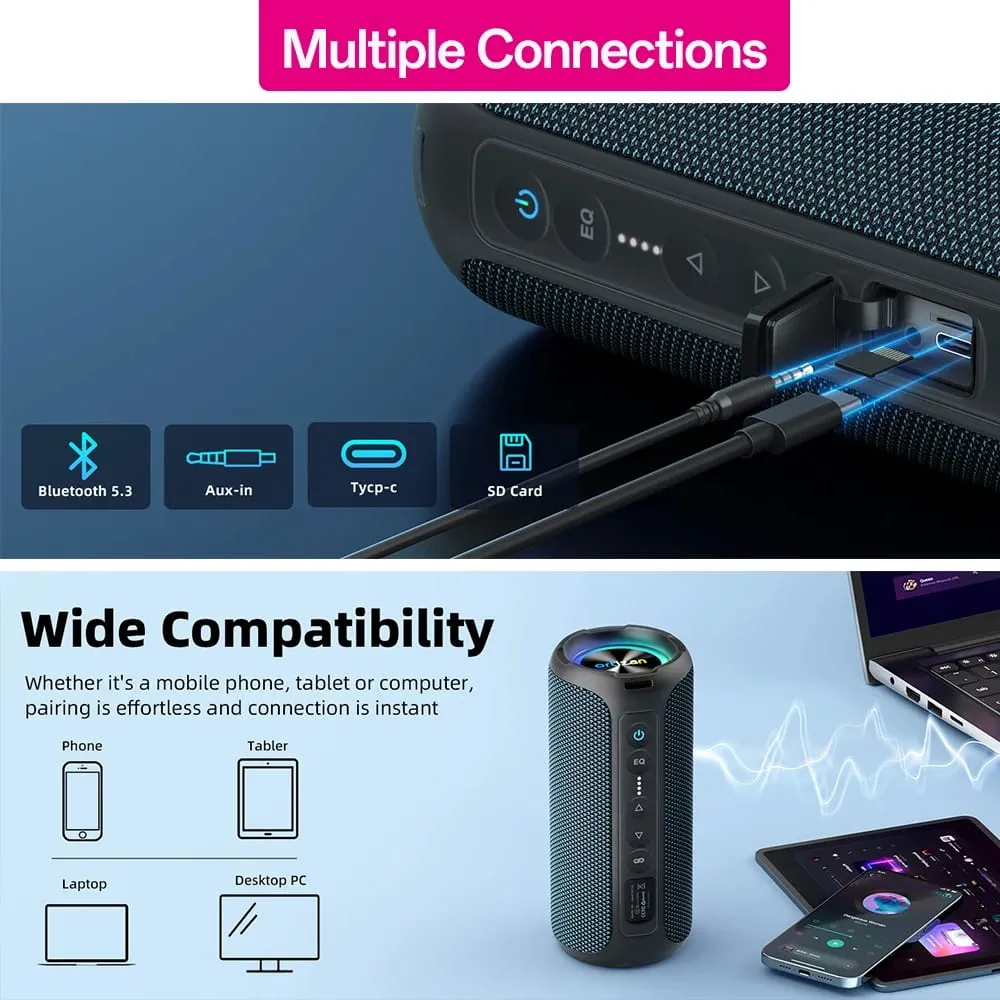 Ortizan Bluetooth-luidsprekers 40W TWS draagbare luidspreker met stereogeluid Bass Bluetooth 5.3 Draadloos USB Type C Buiten 6600mAh batterij