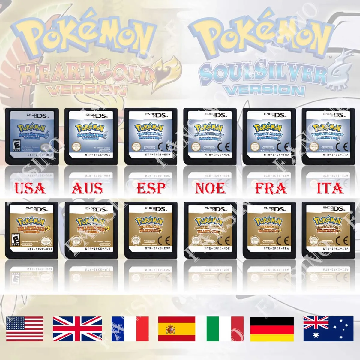 (미국 EUR AUS NOE ESP FRA ITA) 포켓몬 HeartGold SoulSilver 버전 고품질 정통 1:1 복제 DS 비디오 게임 카트리지 — image 1