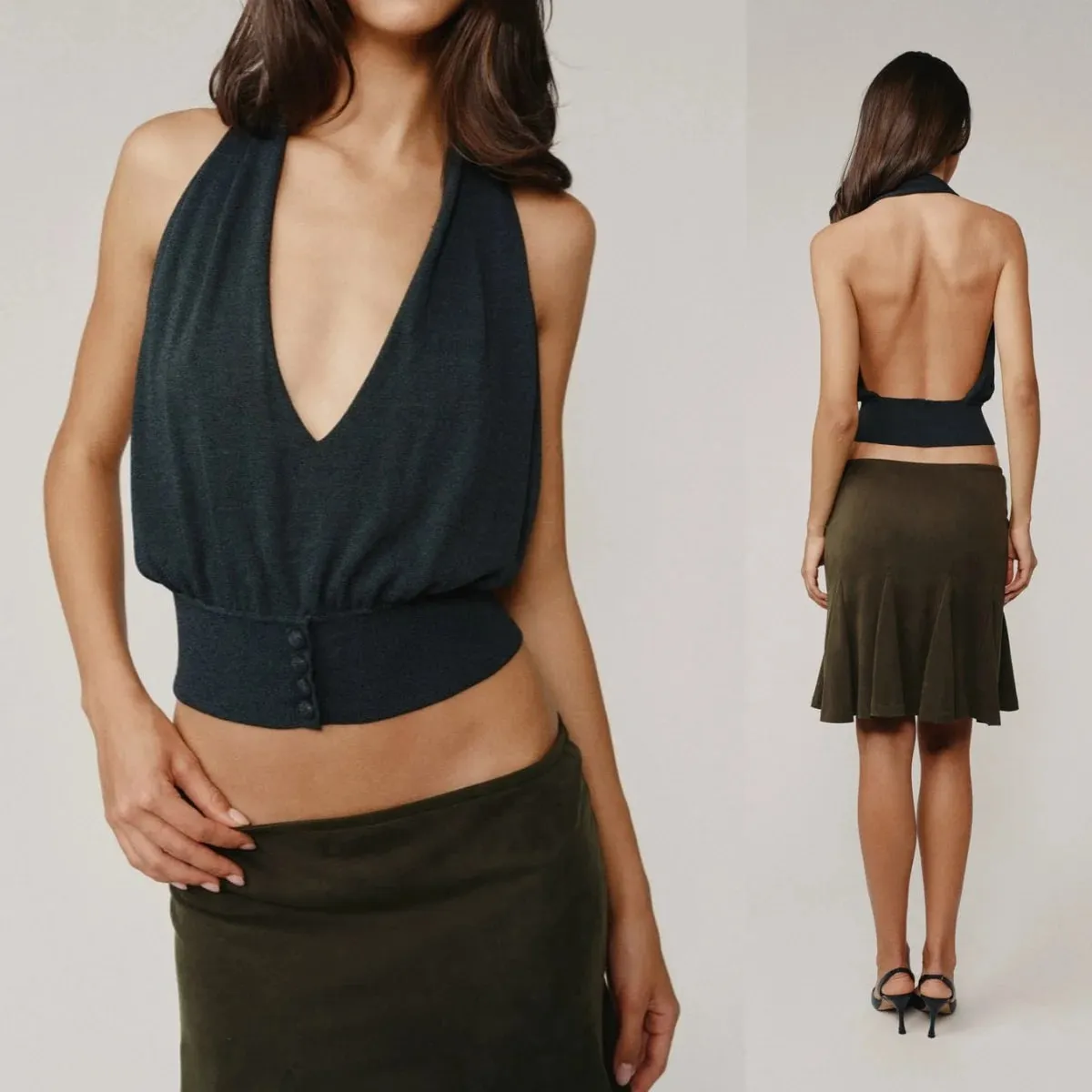 Wj Deep V Halter Neck Backless Knit Vest Waist-Cinching Short Sleeveless Top Backless Buttoned Waist-Cinching Short Knit Outerwear Top V-Neck Backless Top with Straps Short Knit Halter Neck Vest