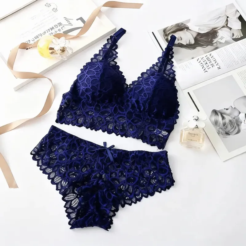 French Style Lace Lingerie Set Wireless Bra Panty Sexy Breathable Thin Cup Underwear Comfortable Gathered Intimate Wear — image 8