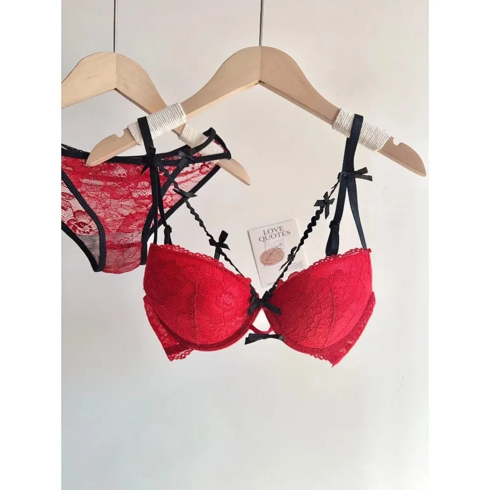 Women Red Lace Bridal Lingerie Set Bowknot Push Up Bra Panty Set Small Chest Gathered Pure Style Party Intimate Wear — image 1