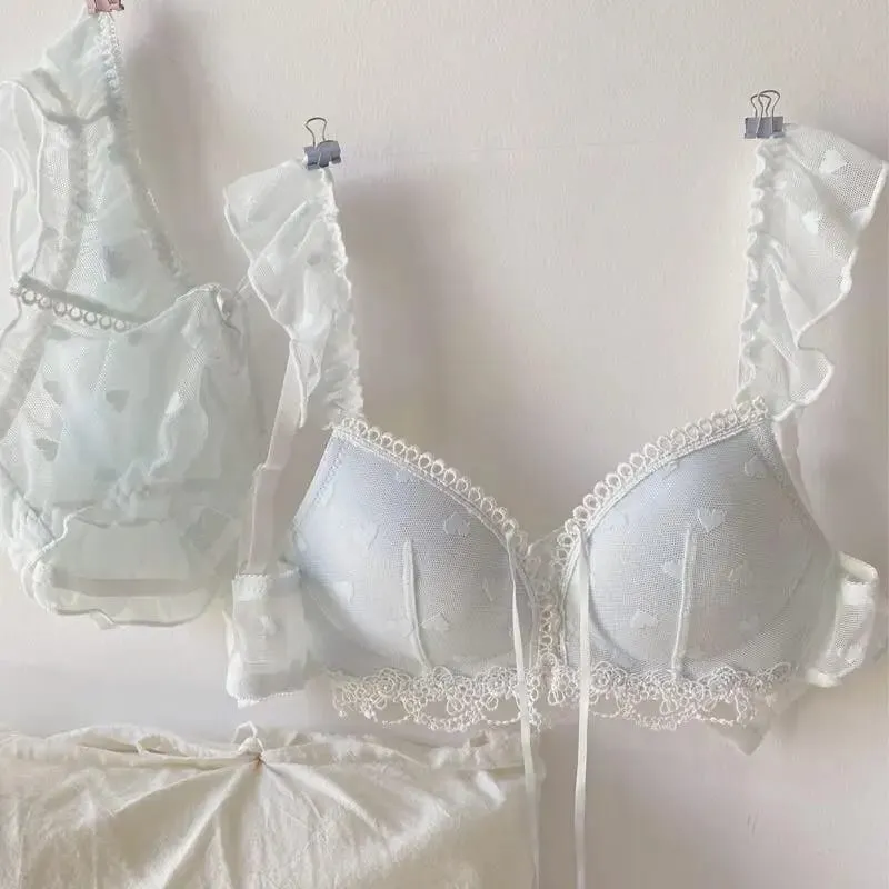 Set Pakaian Dalam Jepun Kawaii untuk Payudara Kecil Manis Romantik Hati Cetak Bralette Selesa Dipakai Setiap Hari Bra Anti-Kendur — image 1