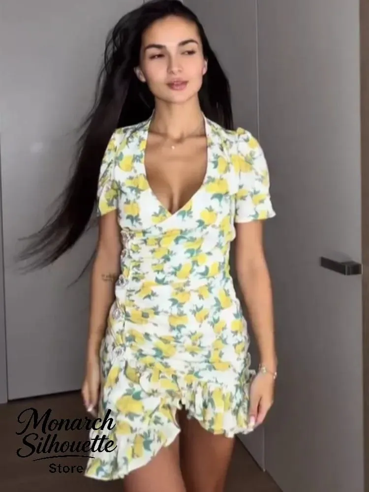 Chic Ruffle Print Slim Short Dress Women Chic Patchwork Flared sleeves V-neck Pleated Dresses 2026 Lady Summer Casual Vestidos