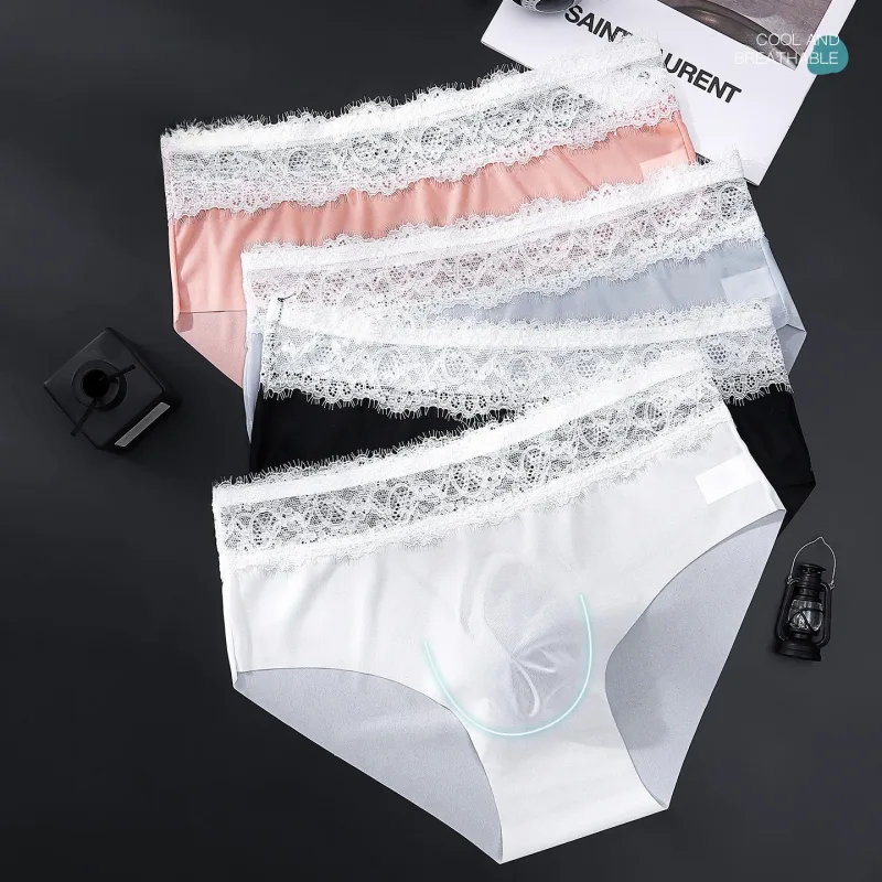 Calças triangulares masculinas de seda gelo com borda de renda, roupa íntima fina respirável sem rastros, cintura baixa, macia, sem costura, conforto masculino — image 2
