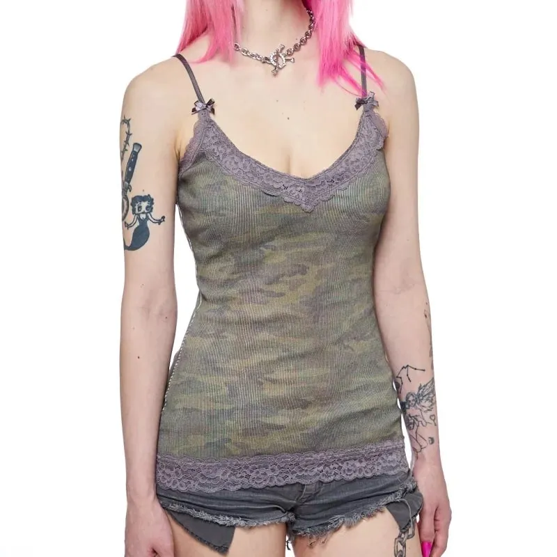 Women Y2K Aesthetic Camisole Lace Trim V Neck Cami Top Camo Ribbed Knit Tank Top Cute Bows Grunge E Girl Mall Goth Tops — image 11