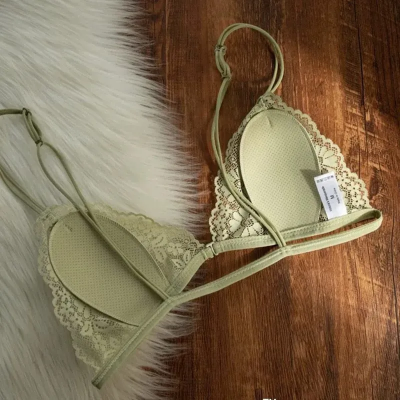Reggiseno a triangolo sottile in pizzo sexy stile francese con bottone frontale Intimo senza fili da donna senza anello in acciaio Bellissimo reggiseno sulla schiena