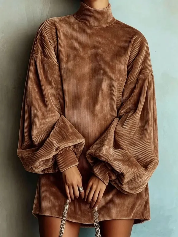 Women Corduroy Turtleneck Mini Dress Oversized Elegant Loose Lantern Sleeve Casual Dresses Autumn Winter Streetwear Short Dress