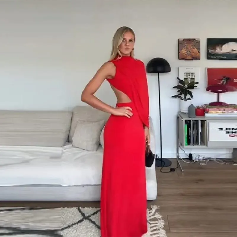 Abito lungo rosso asimmetrico drappeggiato senza schienale con una spalla e collo alto, aderente, abito da sera aderente per feste formali da donna — image 2