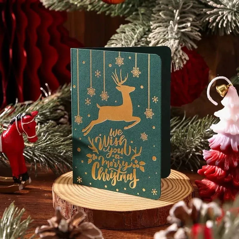 10Pcs Vintage Gold Foil Christmas Folding Greeting Cards Multi Pattern Blessing Holiday Cards New Year Postcard Gift Cards — image 14
