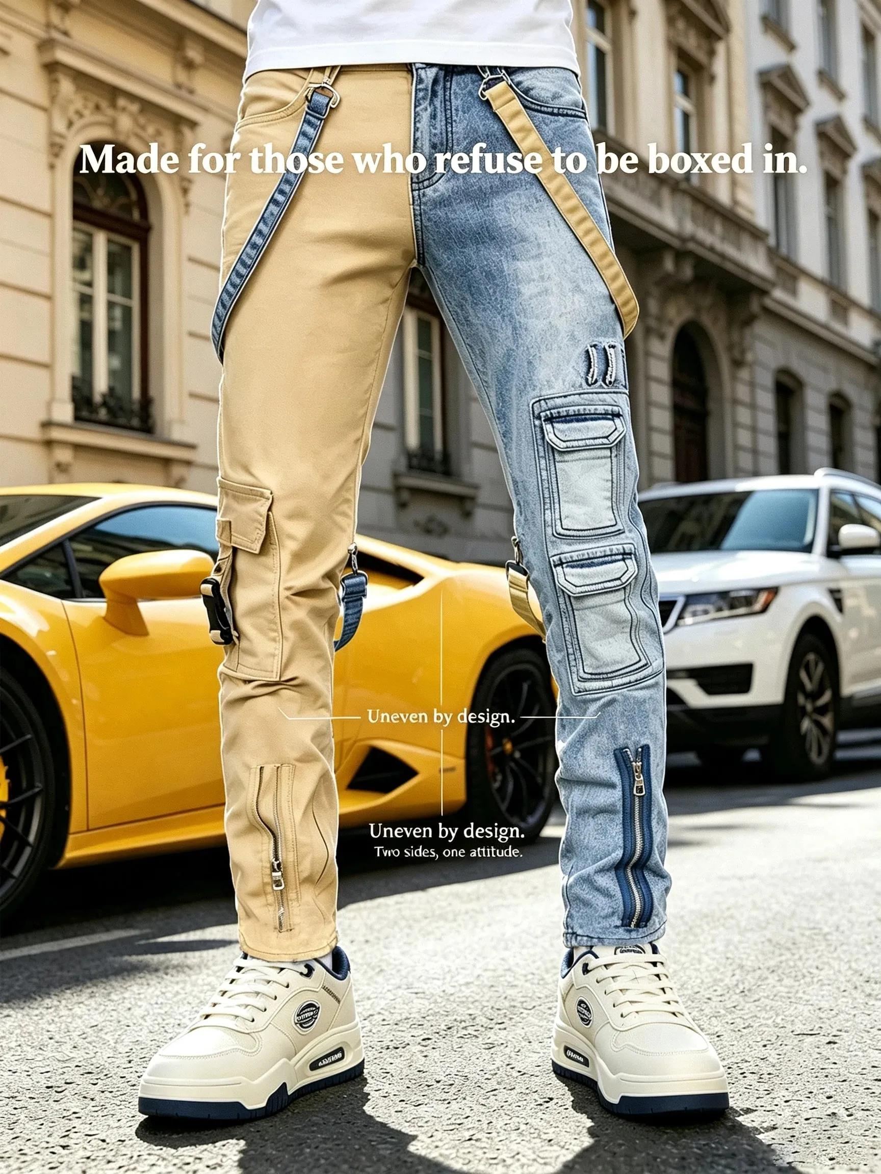 Y2K Jeans for Men Techwear Retro Cargo Pants Flared Bootcut Jeans Contrast Color Splicing Strap Streetwear Denim Trousers