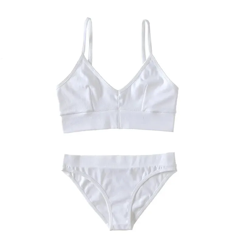 Solid Color Ribbed Wireless Bralette Set Women's Thin Strap Camisole Bra with Triangle Briefs Lingerie — image 2